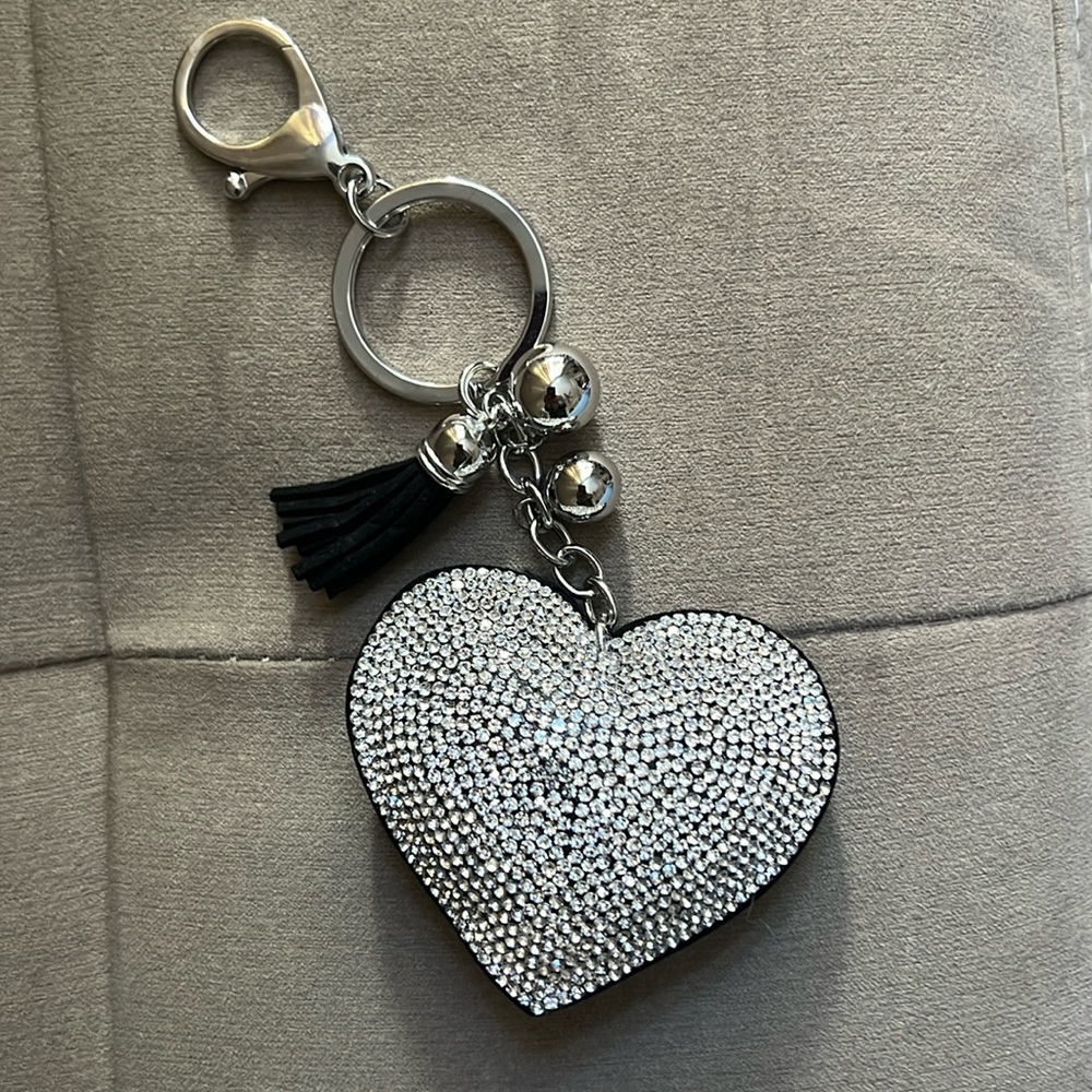 Bag Charm Heart Shaped Rhinestone Keychain with Clip Snap Hook Silver Hardware